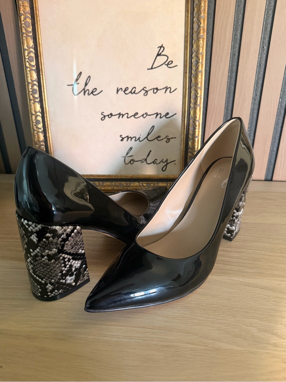 Black Patent Block-Heel Pumps with Snake-Print Heel